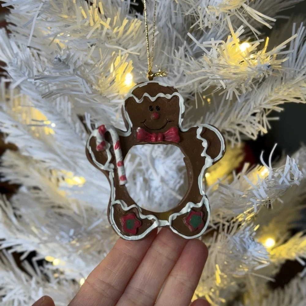 Festive Gingerbread Photo Holiday Ornament  with Red and White Candy Cane